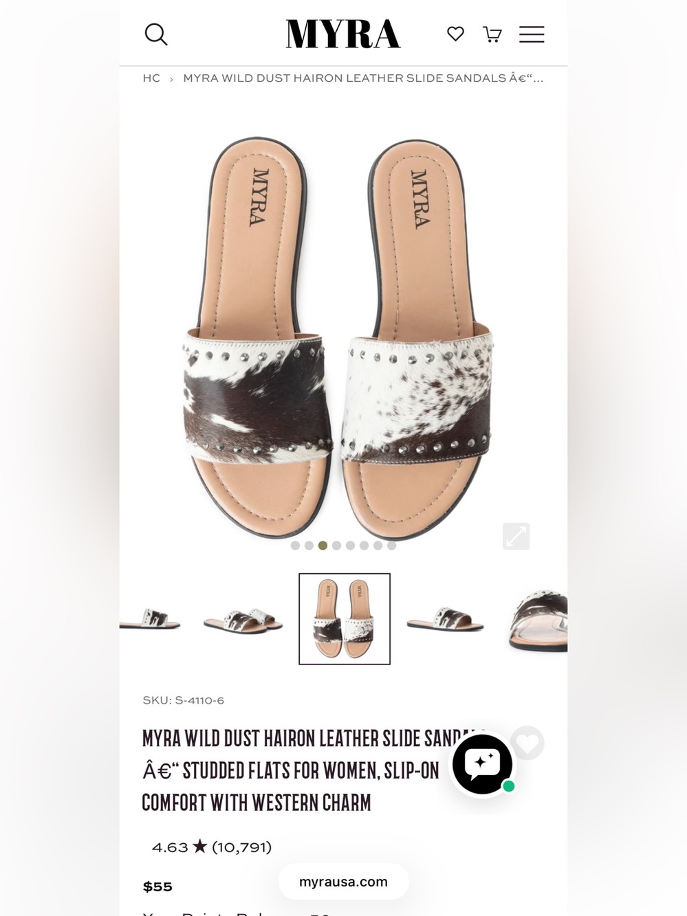 Myra White and Brown Cowhide Slide with Studs size 8